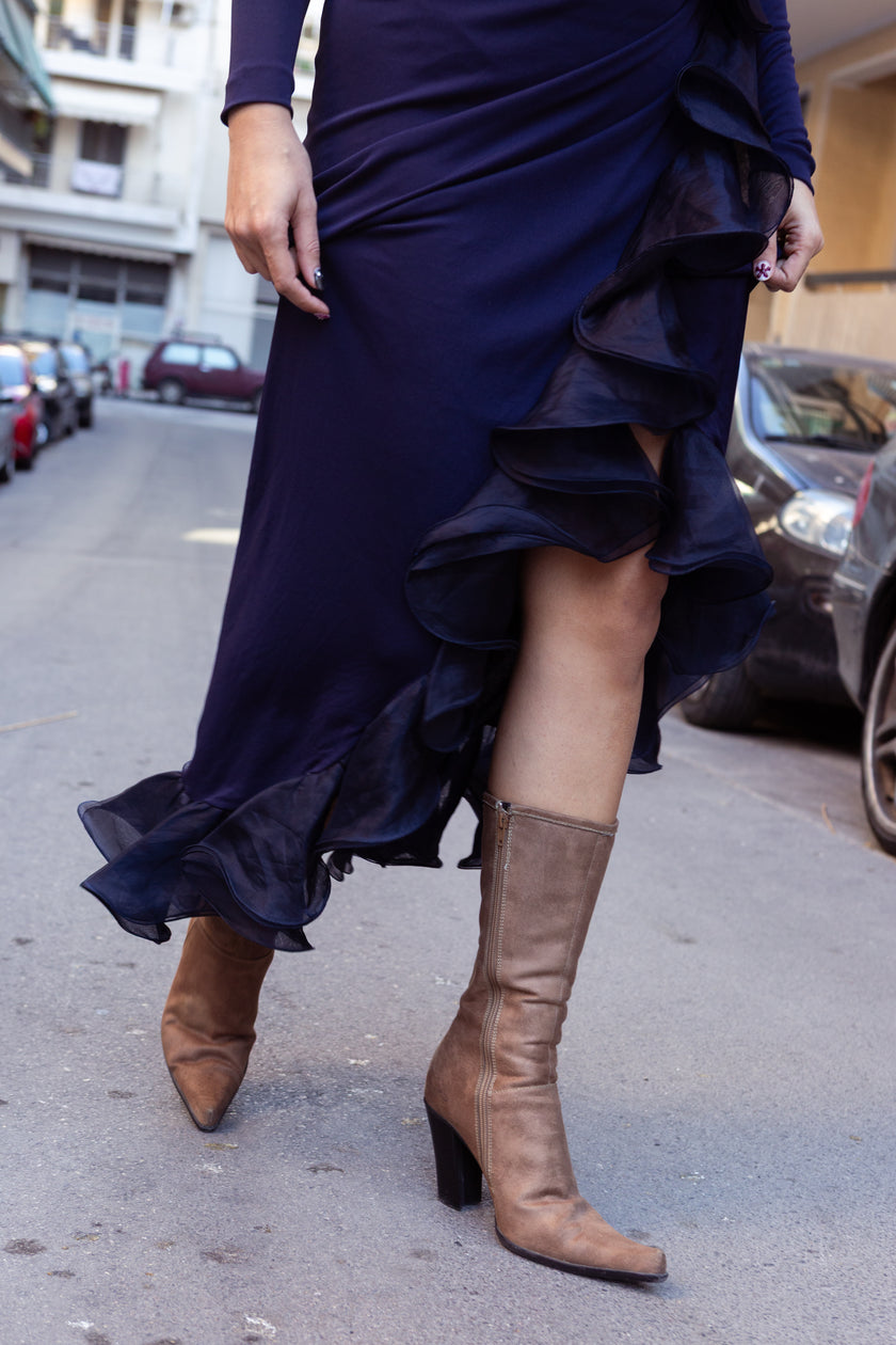 Unique navy ruffle-front maxi dress with deep v neckline (L/XL)