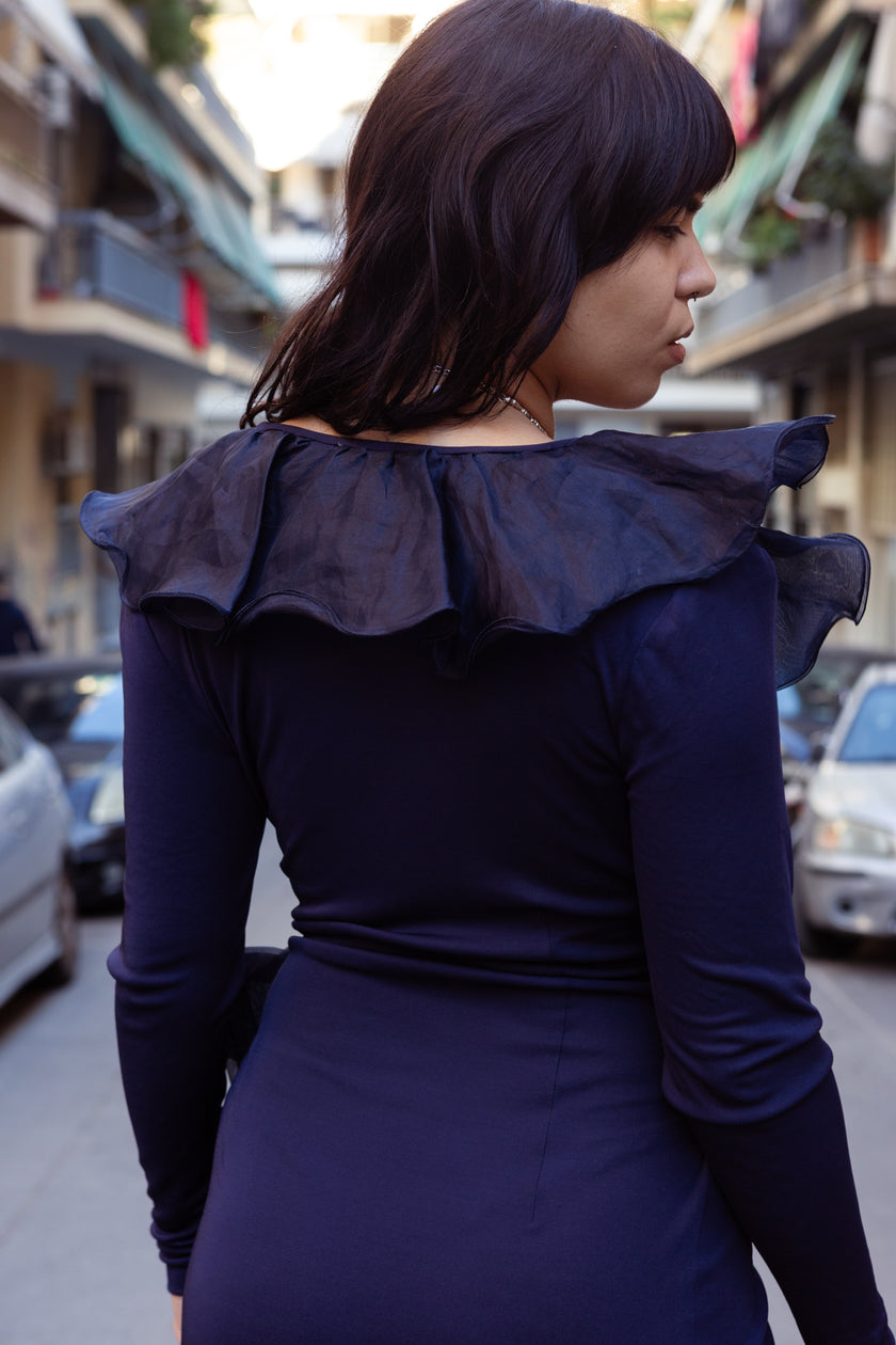 Unique navy ruffle-front maxi dress with deep v neckline (L/XL)