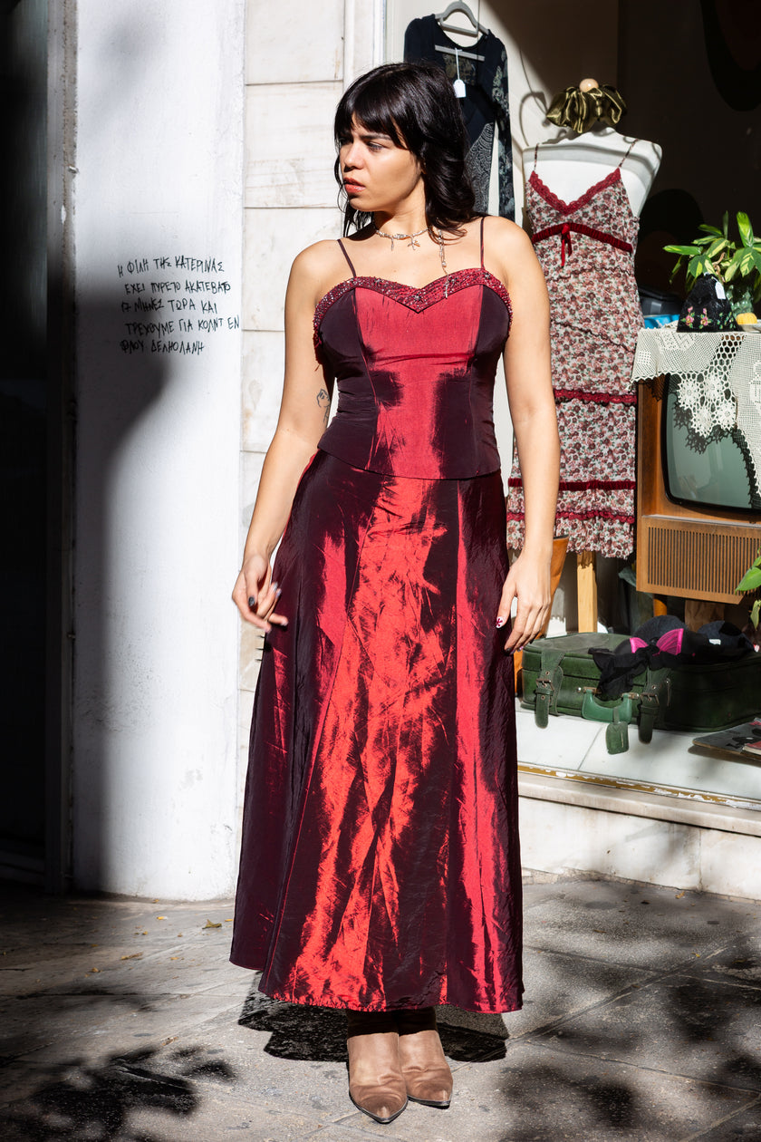 Beautiful red satin maxi dress with beaded bodice detail (XS/S)