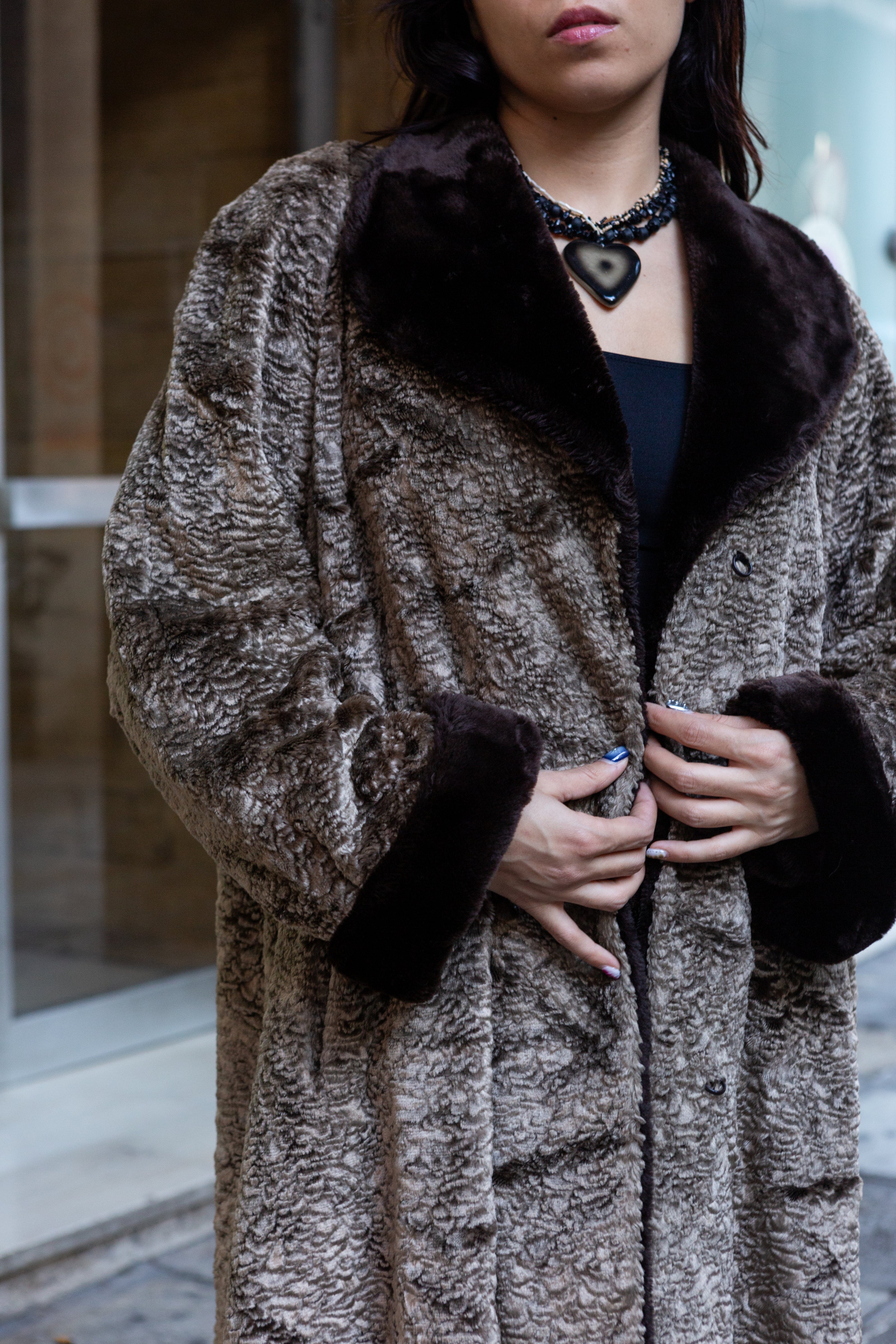 Retro Curly Faux Fur Coat with Dark Velvet Collar & Cuffs (L/XL)