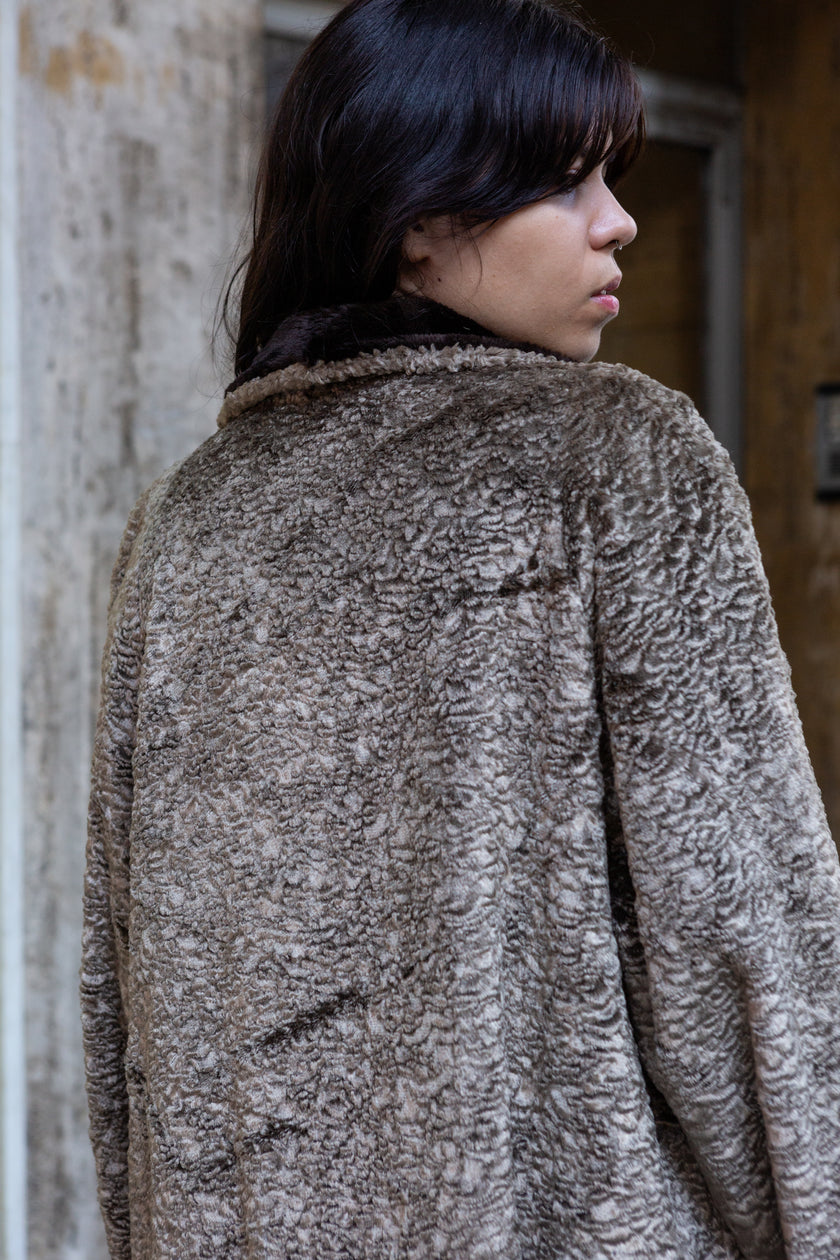 Retro Curly Faux Fur Coat with Dark Velvet Collar & Cuffs (L/XL)