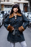 Women’s Dark Wash Denim Coat with Faux Fur Trim (XL)