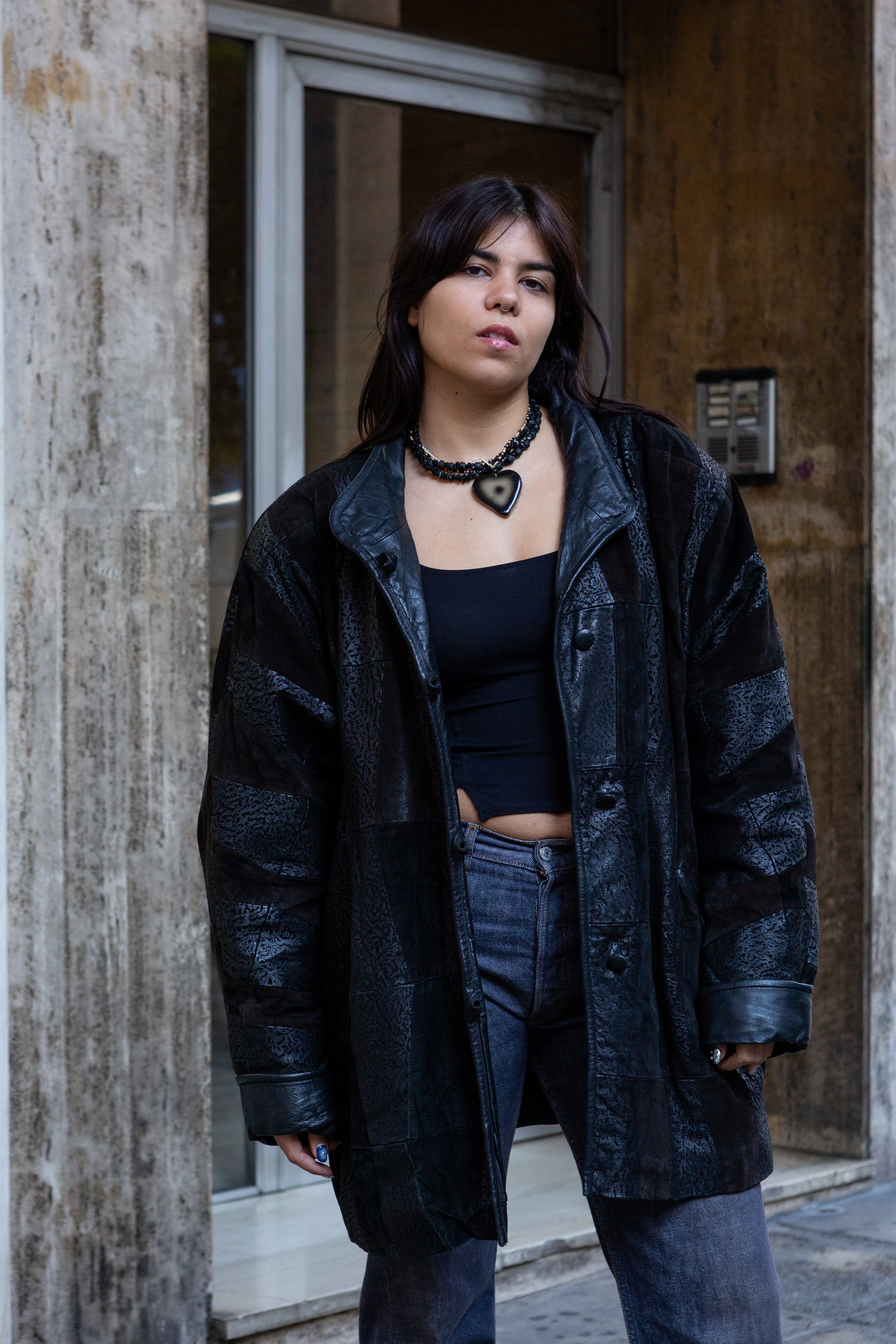 Vintage 80s style genuine leather jacket with suede and printed detailing (XL)