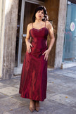 Beautiful red satin maxi dress with beaded bodice detail (XS/S)