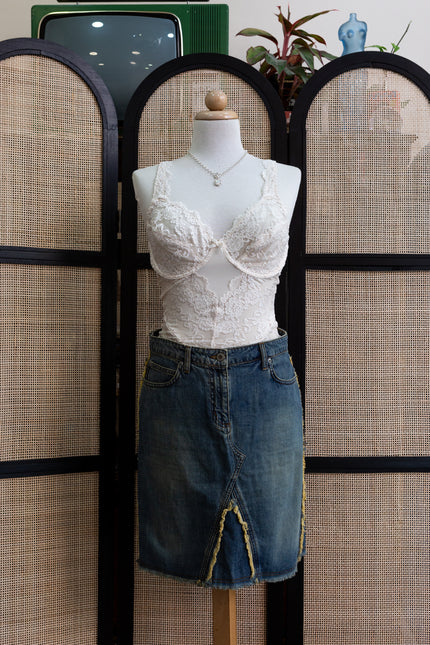 Vintage Y2K Denim Midi Skirt with Raw Hem & Distressed Front Slit