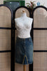 Vintage Y2K Denim Midi Skirt with Raw Hem & Distressed Front Slit