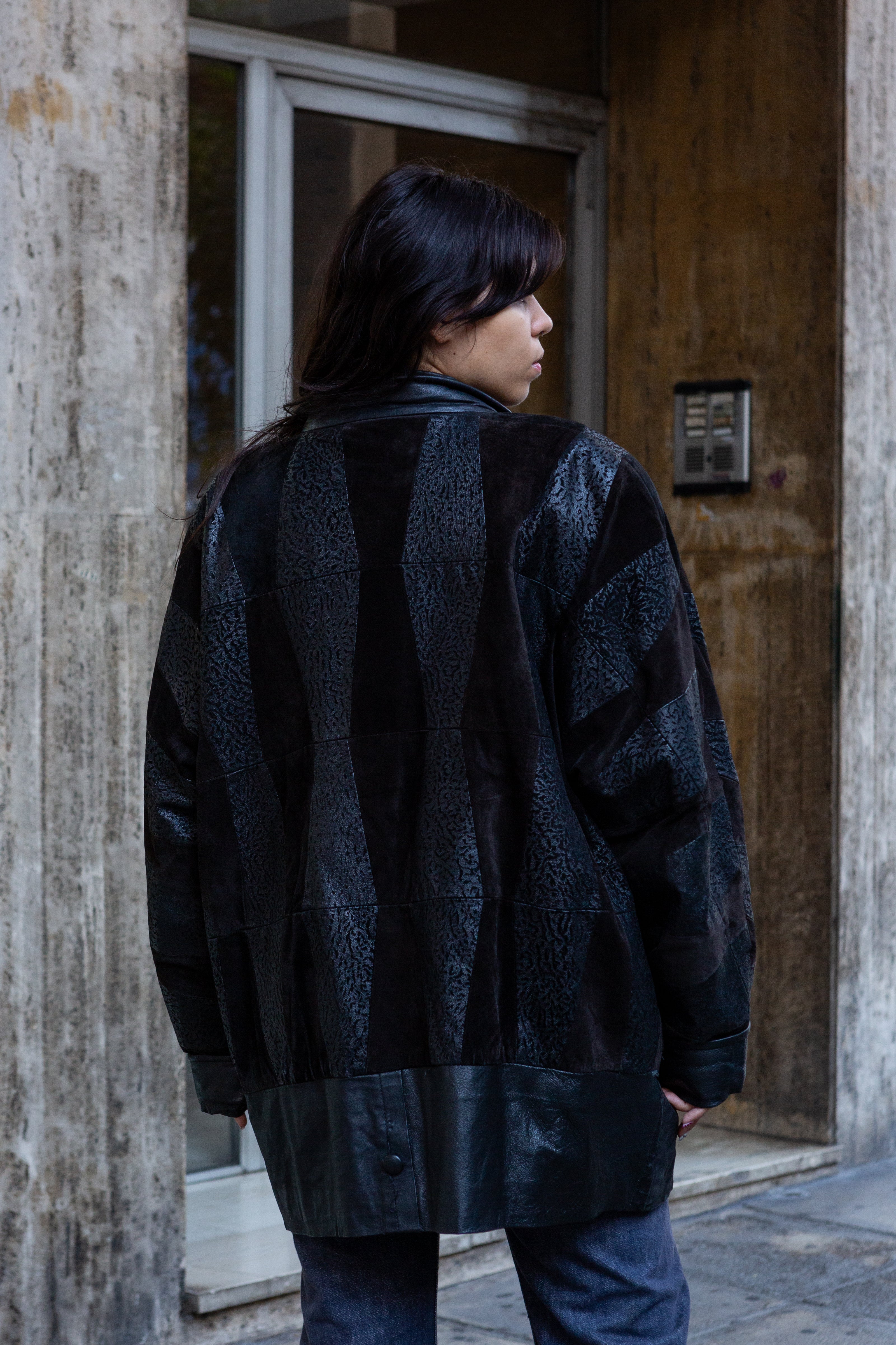 Vintage 80s style genuine leather jacket with suede and printed detailing (XL)