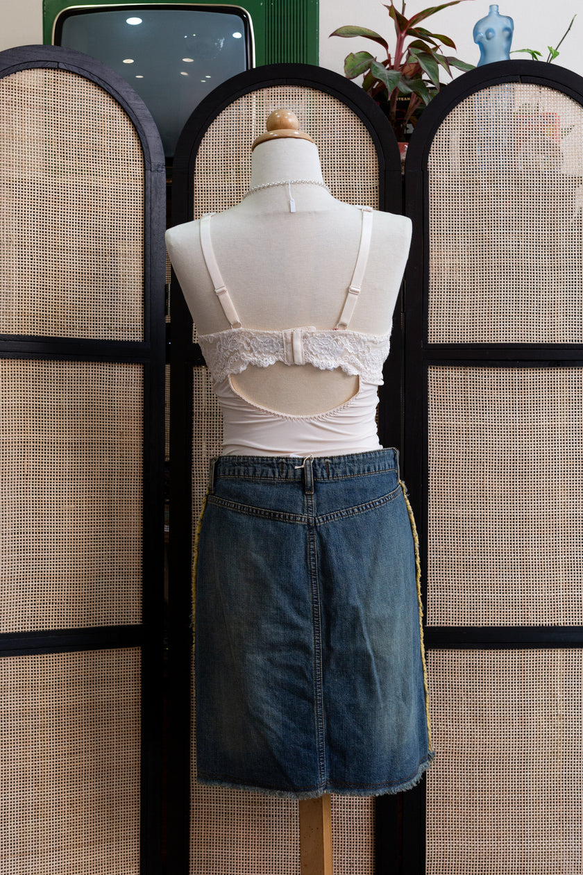 Vintage Y2K Denim Midi Skirt with Raw Hem & Distressed Front Slit
