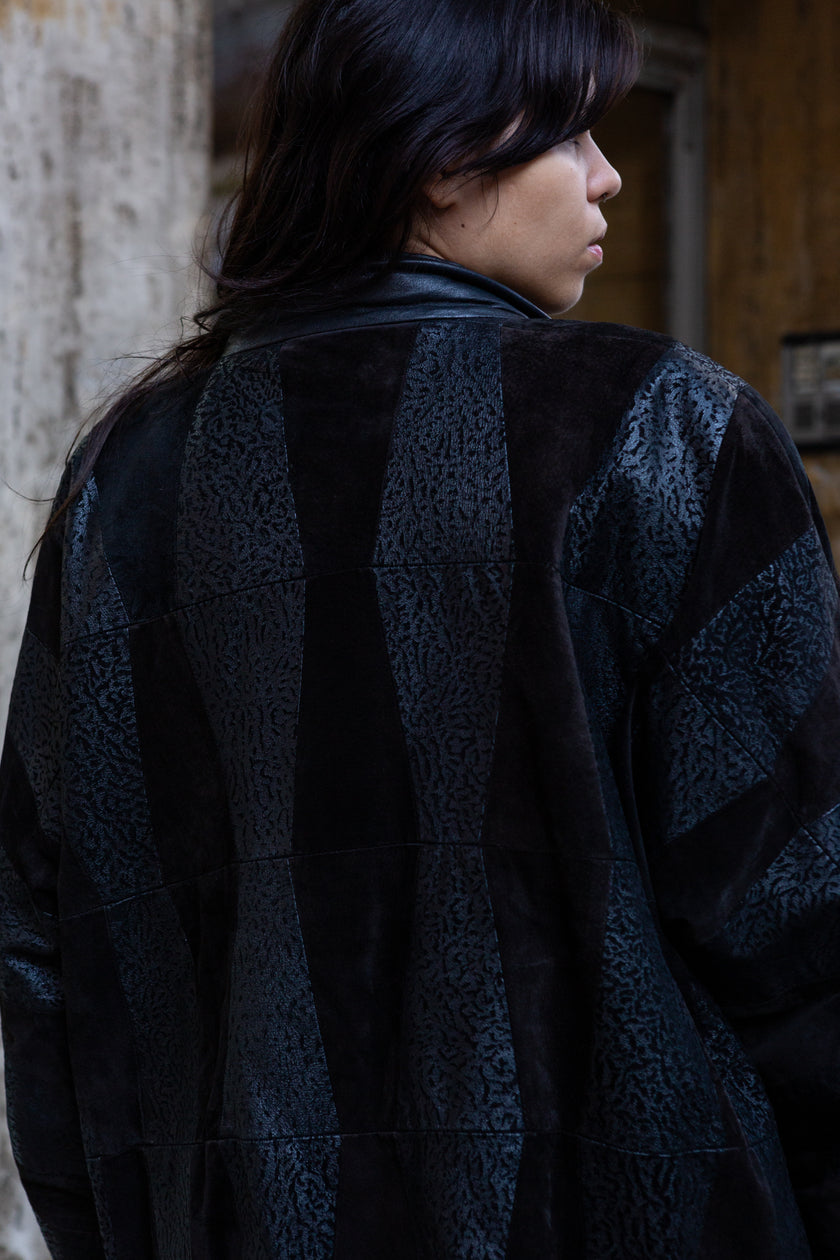 Vintage 80s style genuine leather jacket with suede and printed detailing (XL)