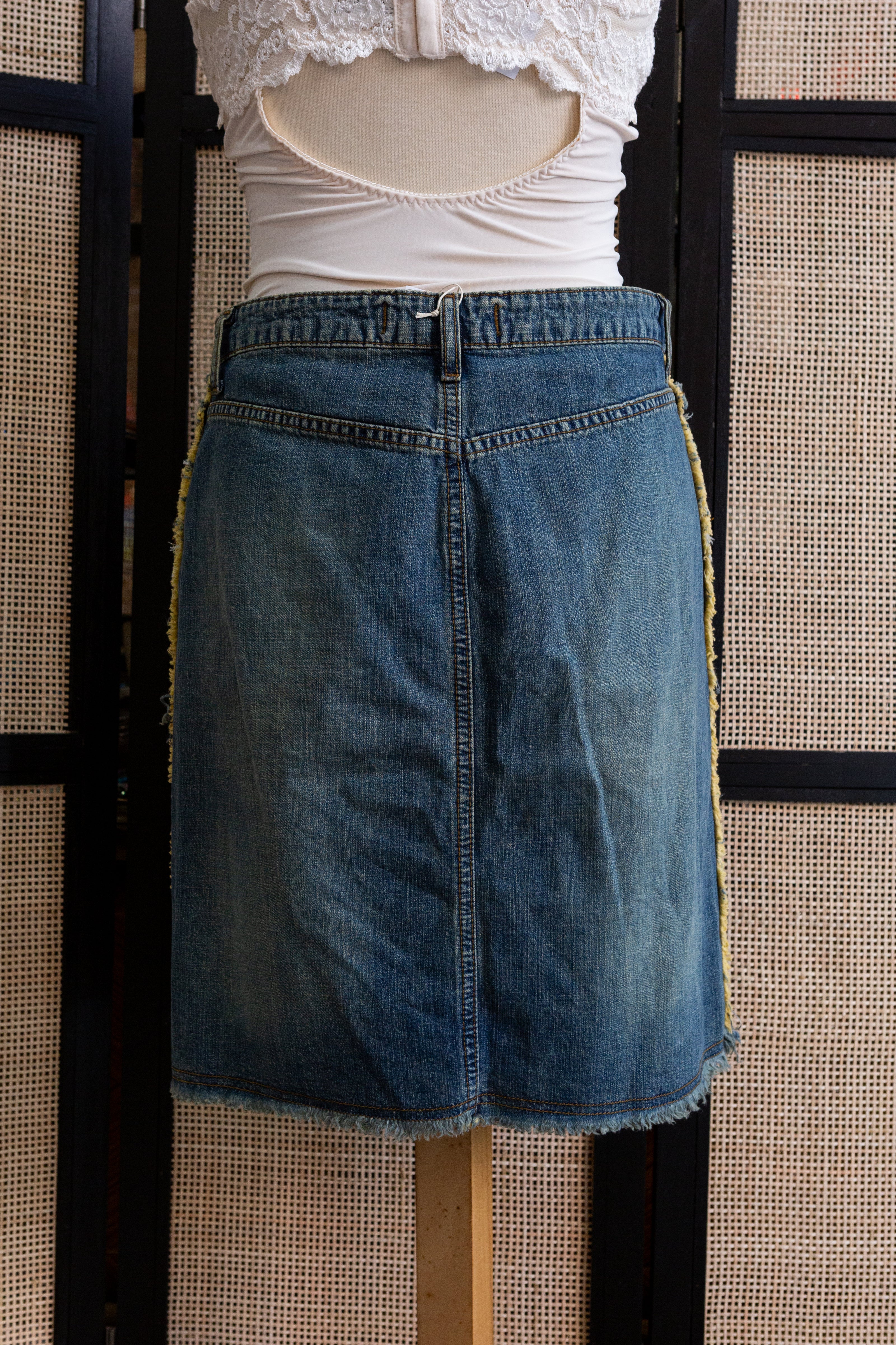 Vintage Y2K Denim Midi Skirt with Raw Hem & Distressed Front Slit