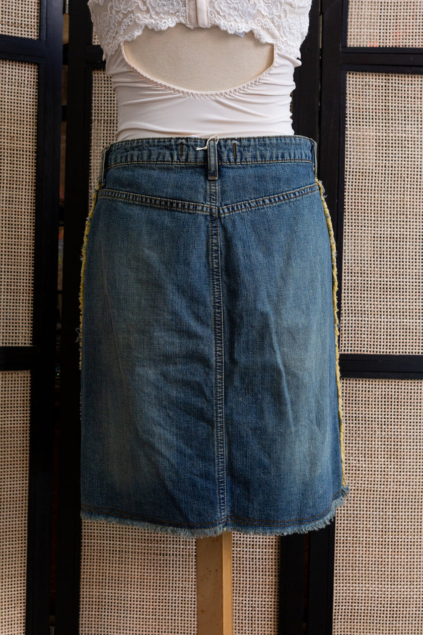 Vintage Y2K Denim Midi Skirt with Raw Hem & Distressed Front Slit