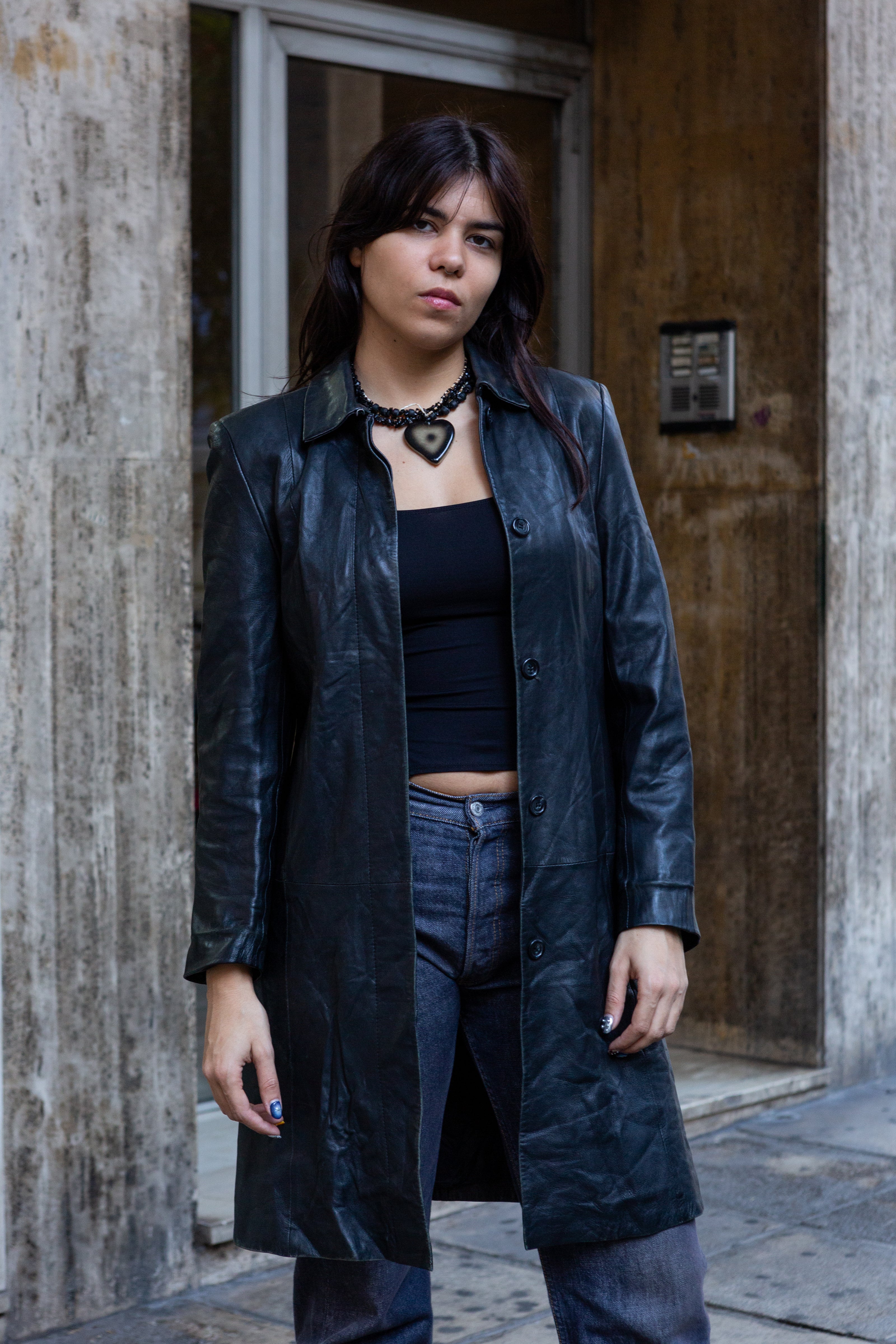 Vintage 90s Black Genuine Leather Trench Coat – Minimalist Grunge Style (S)