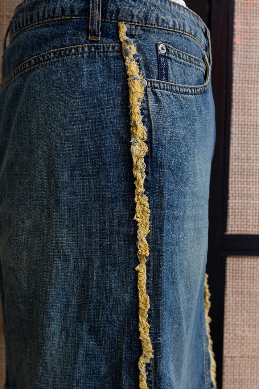 Vintage Y2K Denim Midi Skirt with Raw Hem & Distressed Front Slit