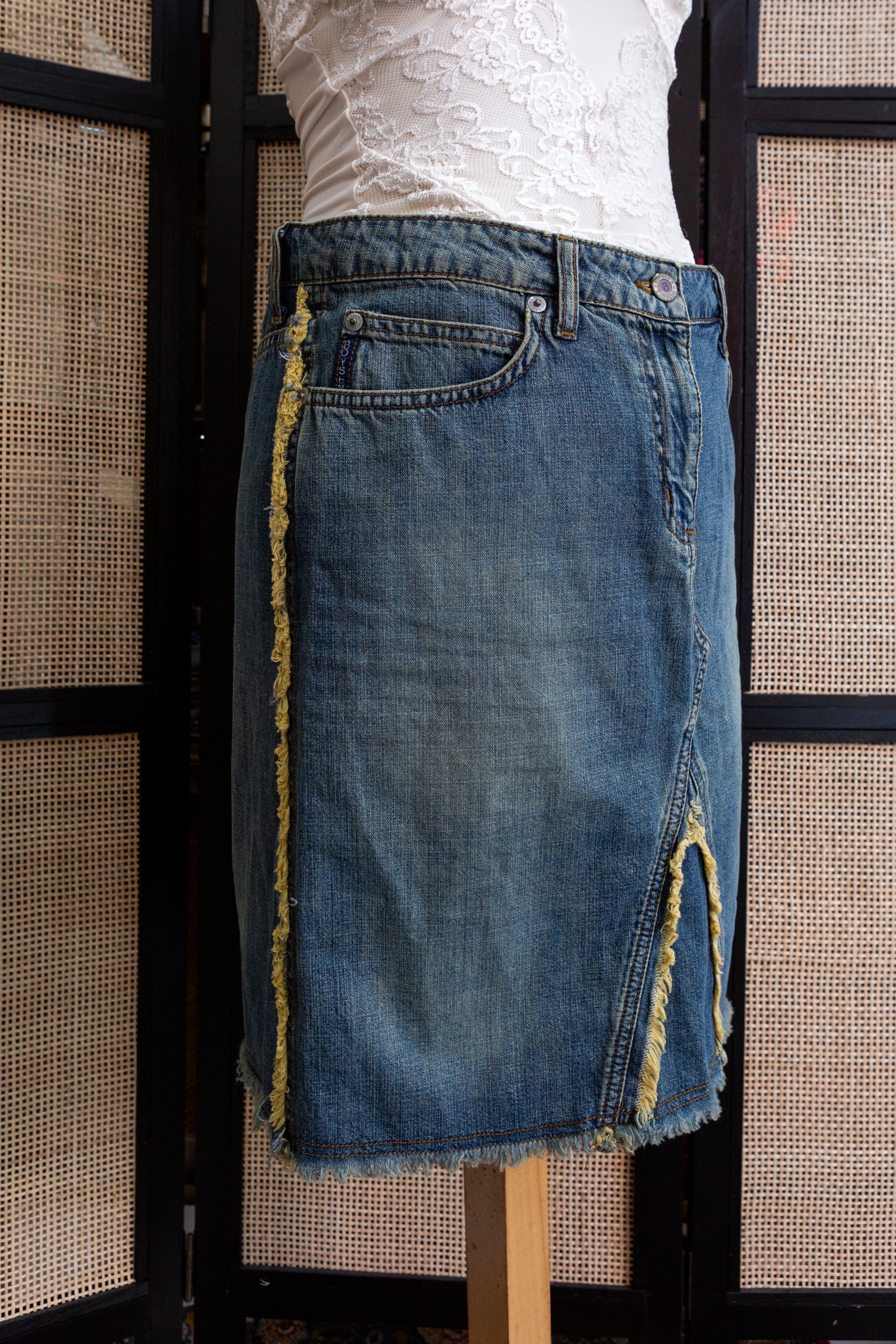 Vintage Y2K Denim Midi Skirt with Raw Hem & Distressed Front Slit