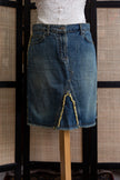 Vintage Y2K Denim Midi Skirt with Raw Hem & Distressed Front Slit