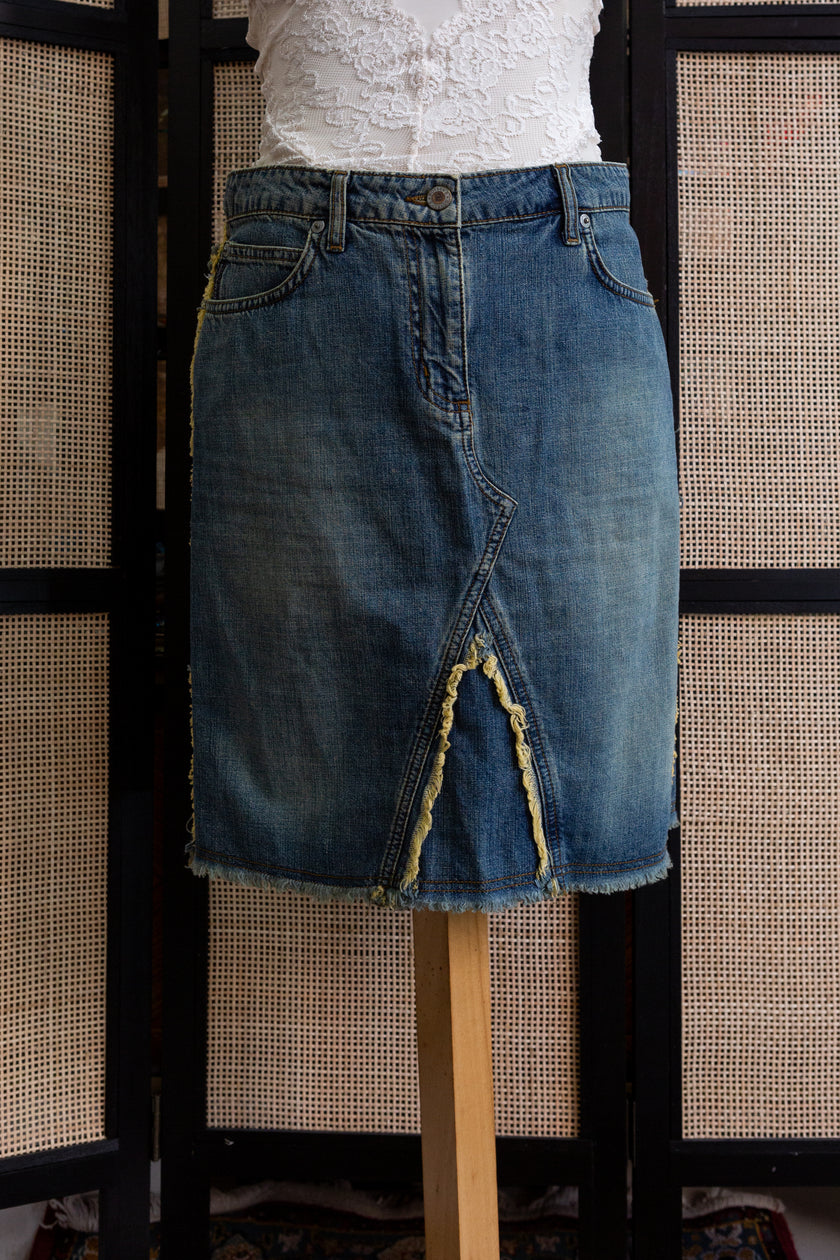 Vintage Y2K Denim Midi Skirt with Raw Hem & Distressed Front Slit