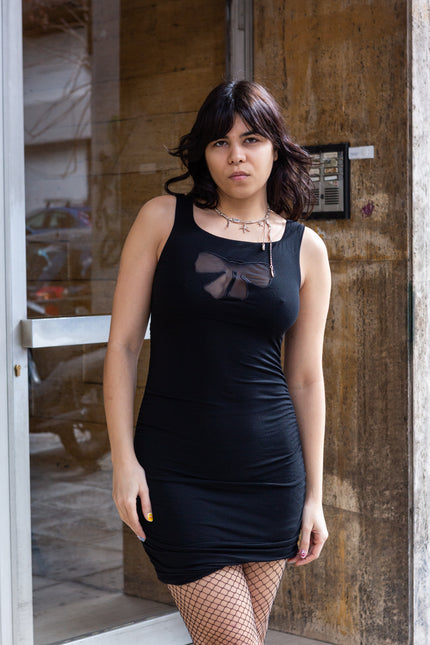 Super cute little black dress with see-through bow (Μ)