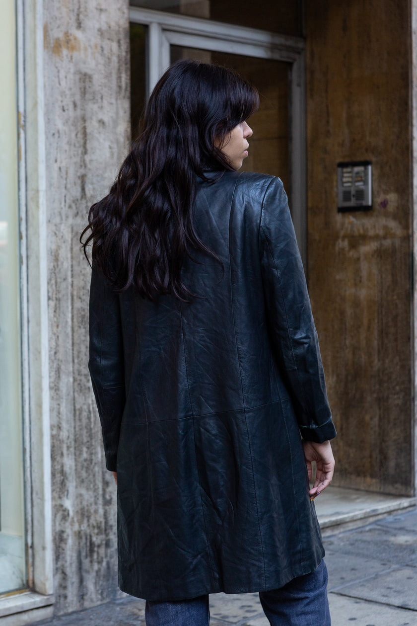 Vintage 90s Black Genuine Leather Trench Coat – Minimalist Grunge Style (S)