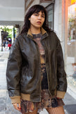 Super cool distressed brown leather jacket with knitted details (L)