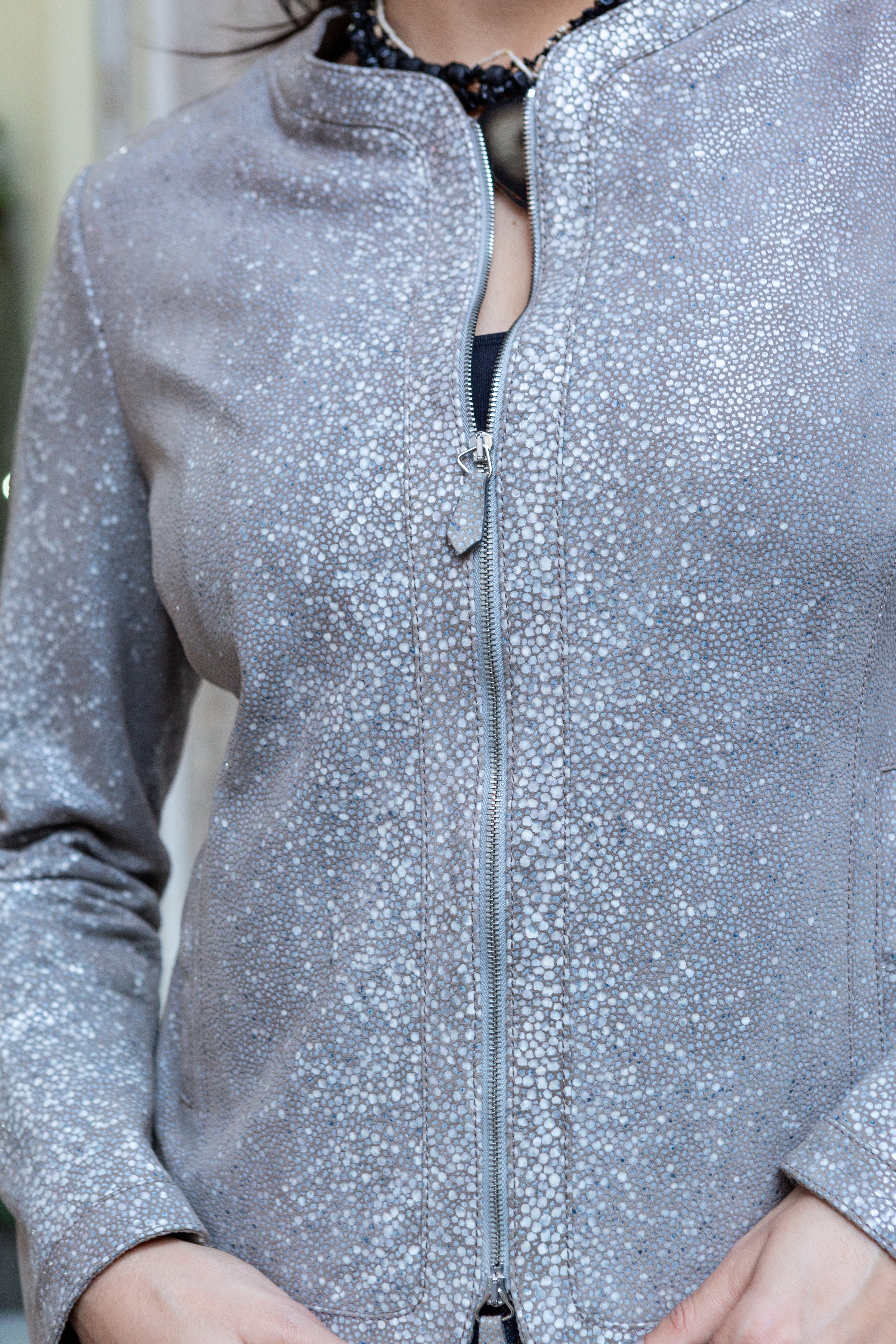 Armani Collezioni Italian Goat Leather Jacket – Metallic Silver Taupe Zip-Up (M)