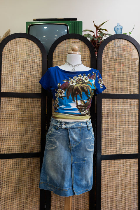 Distressed Y2K Utility Style Denim Skirt
