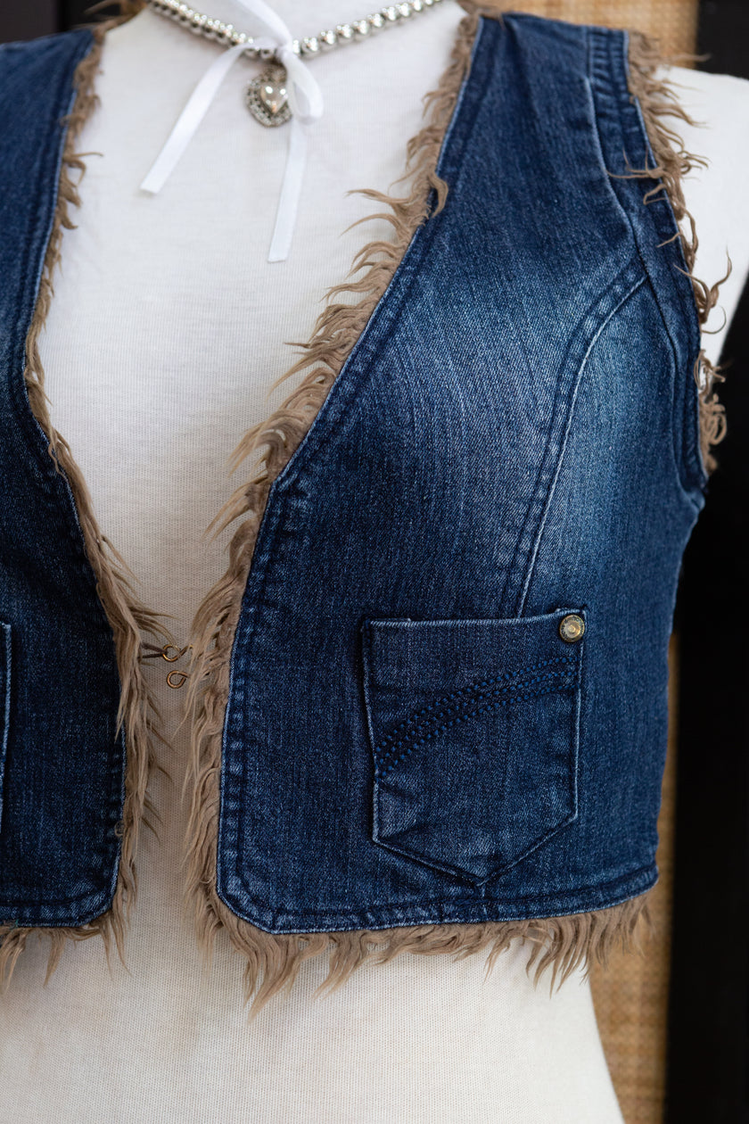 Super cool cropped denim vest with faux fur lining