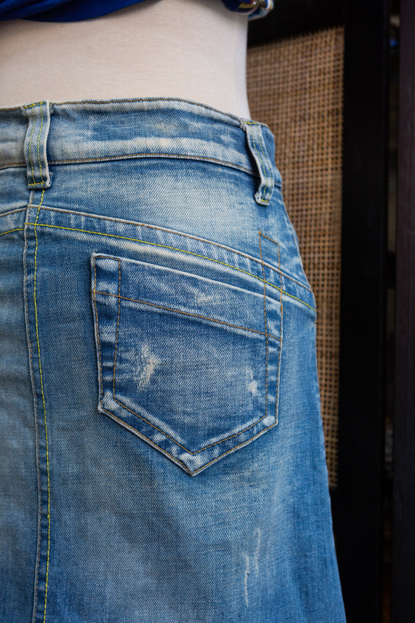 Distressed Y2K Utility Style Denim Skirt