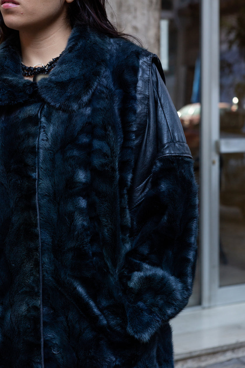 Vintage German Pelze Walkenhorst Niehaus Fur & Leather Coat – Deep Midnight Blue (L)