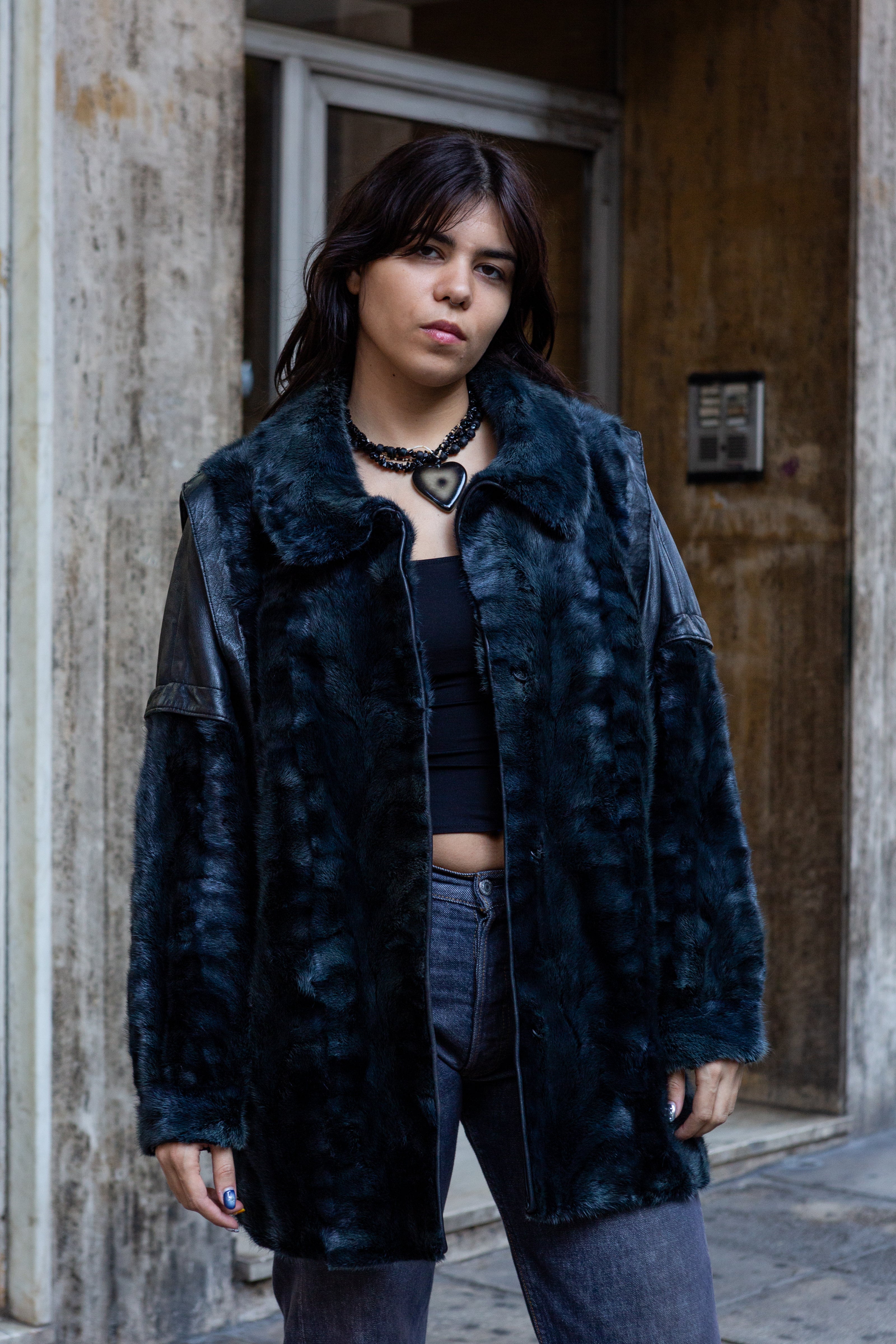 Vintage German Pelze Walkenhorst Niehaus Fur & Leather Coat – Deep Midnight Blue (L)