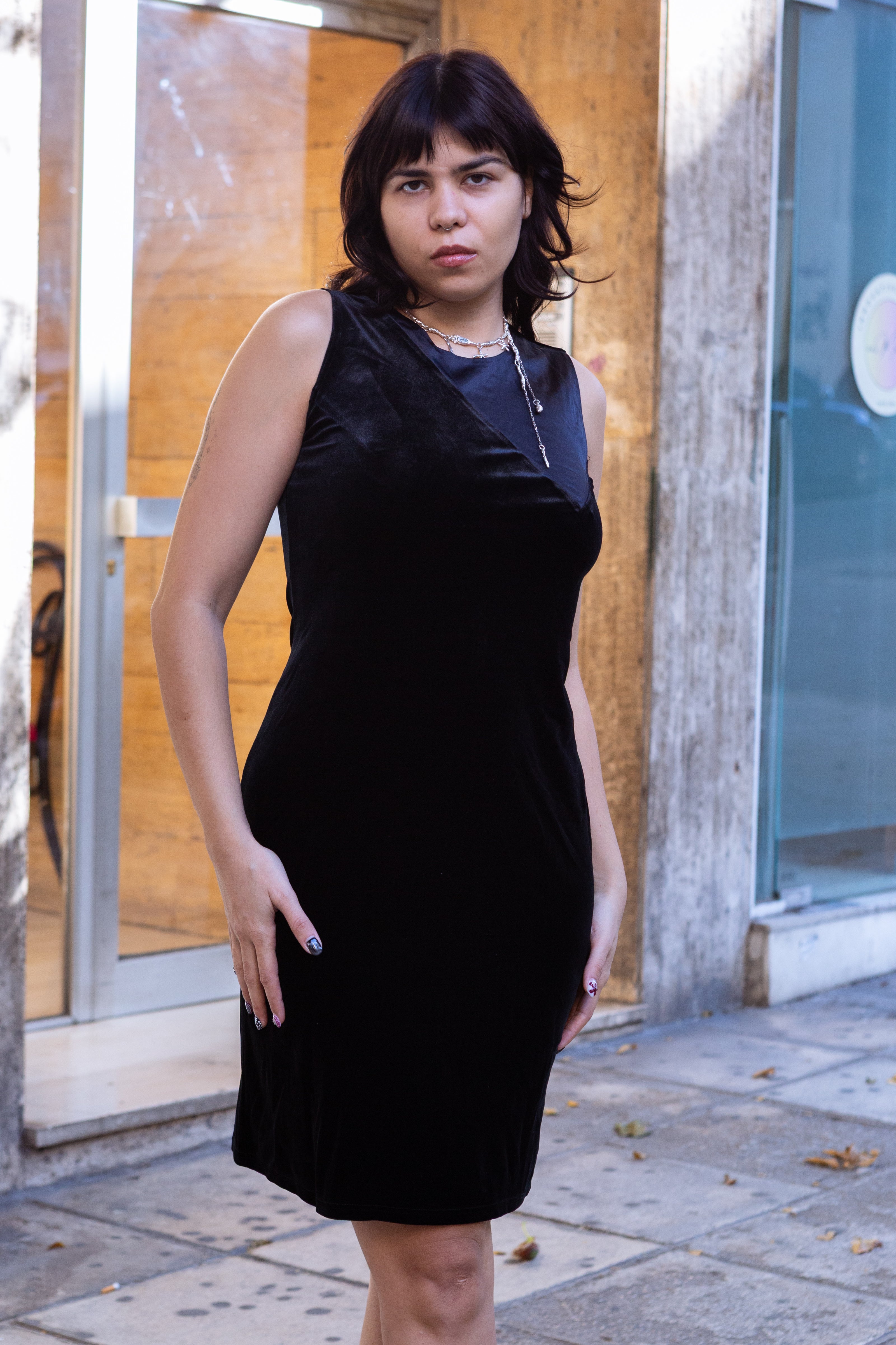 Deadstock bodycon velvet dress with satin details (L)