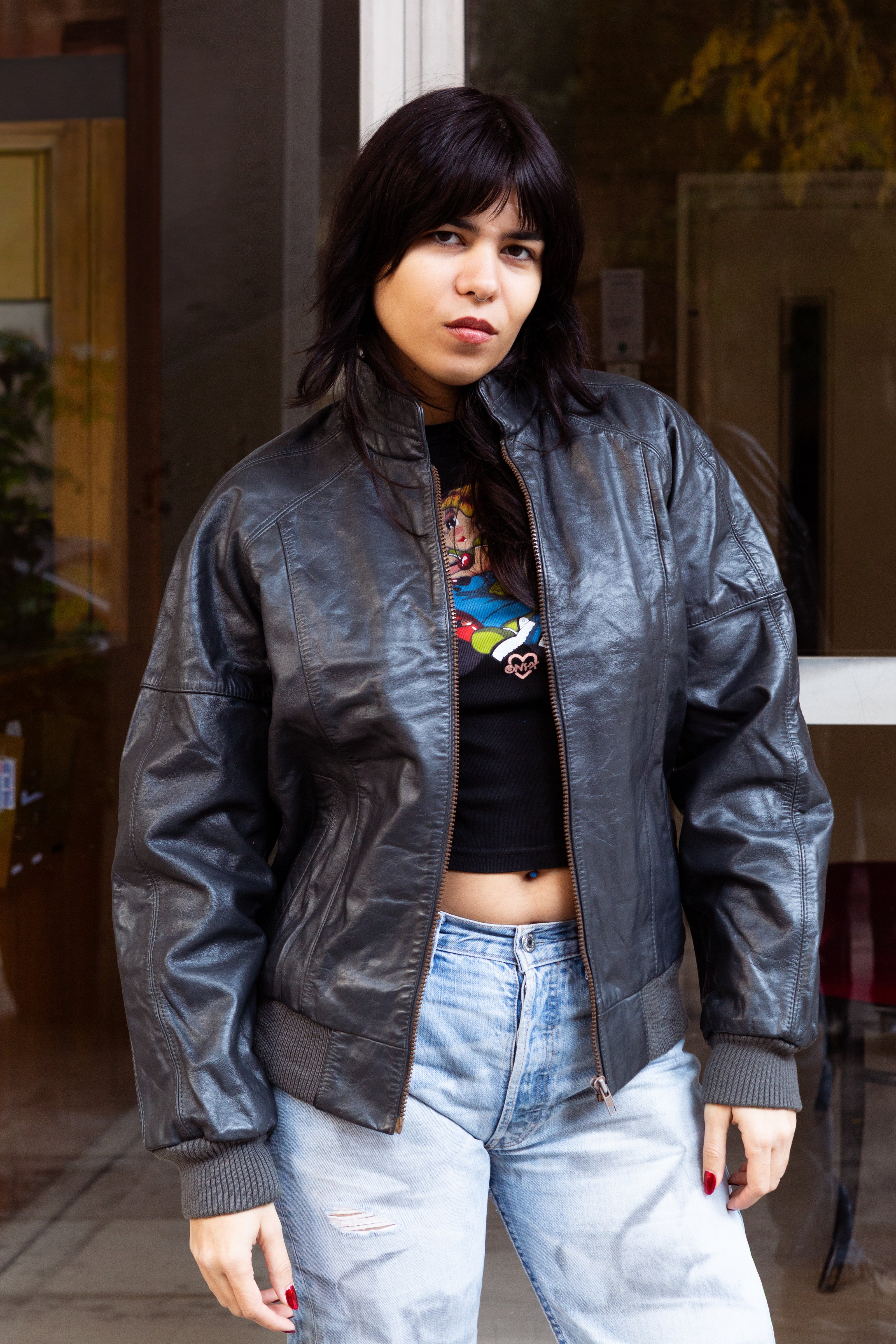 Vintage dark grey leather bomber jacket (M)