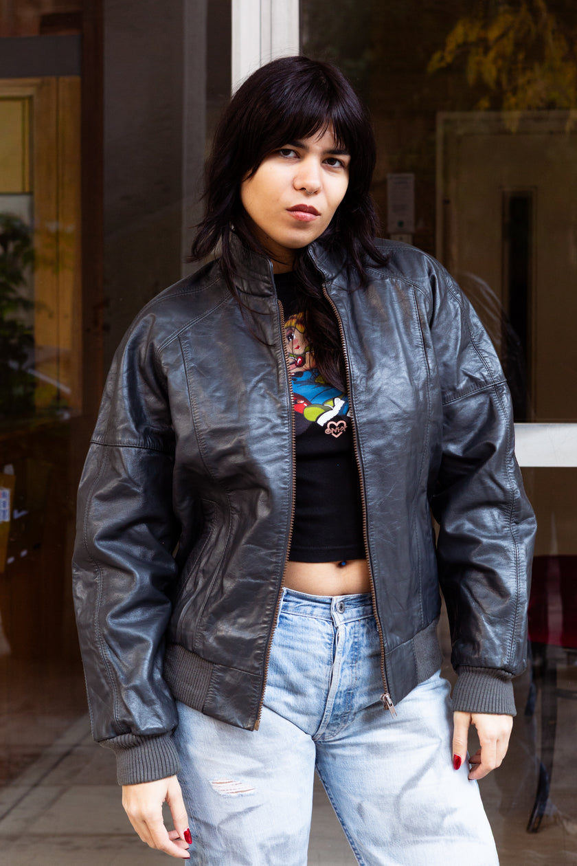 Vintage dark grey leather bomber jacket (M)