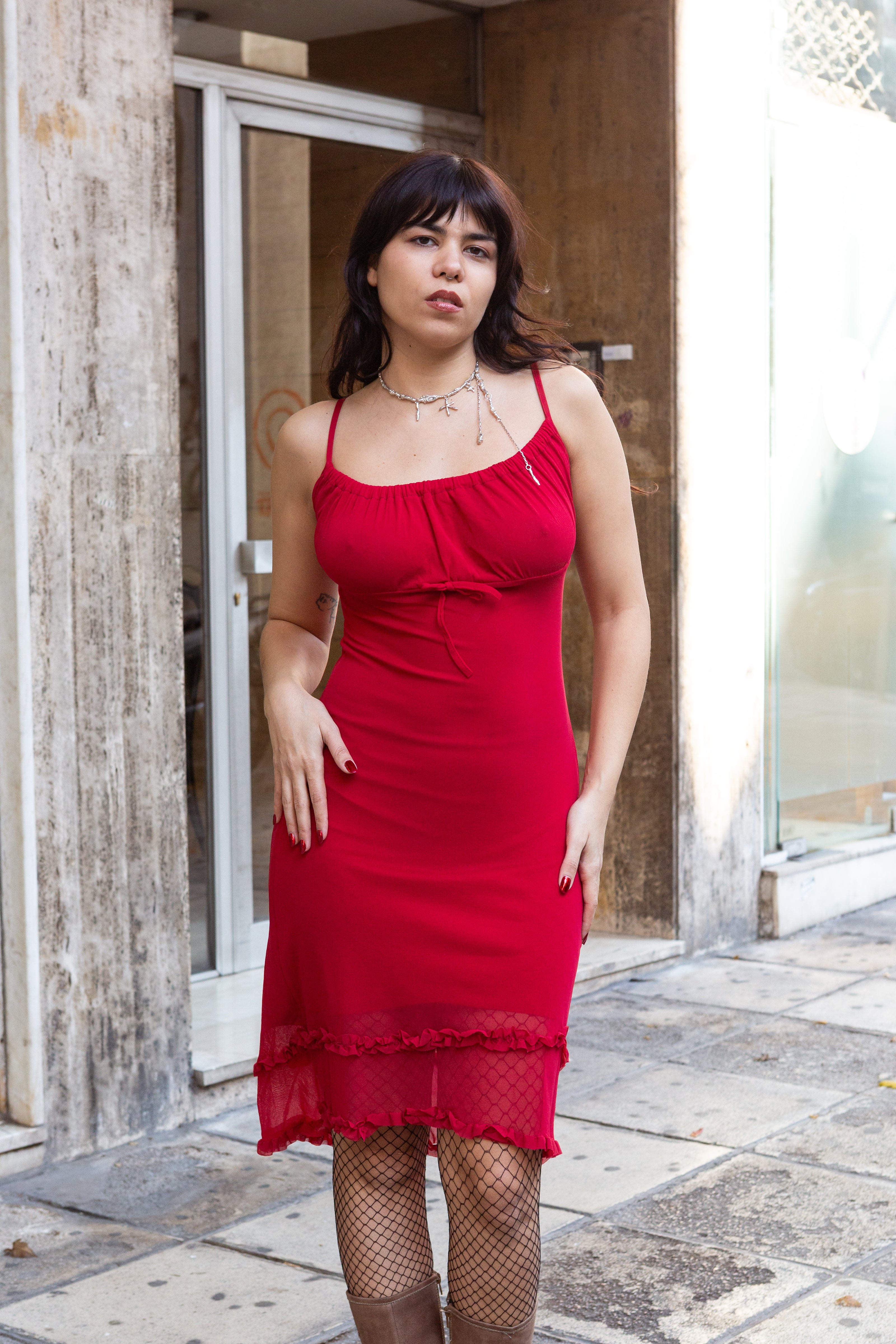 Vintage red spaghetti strap mesh trim midi dress (S)