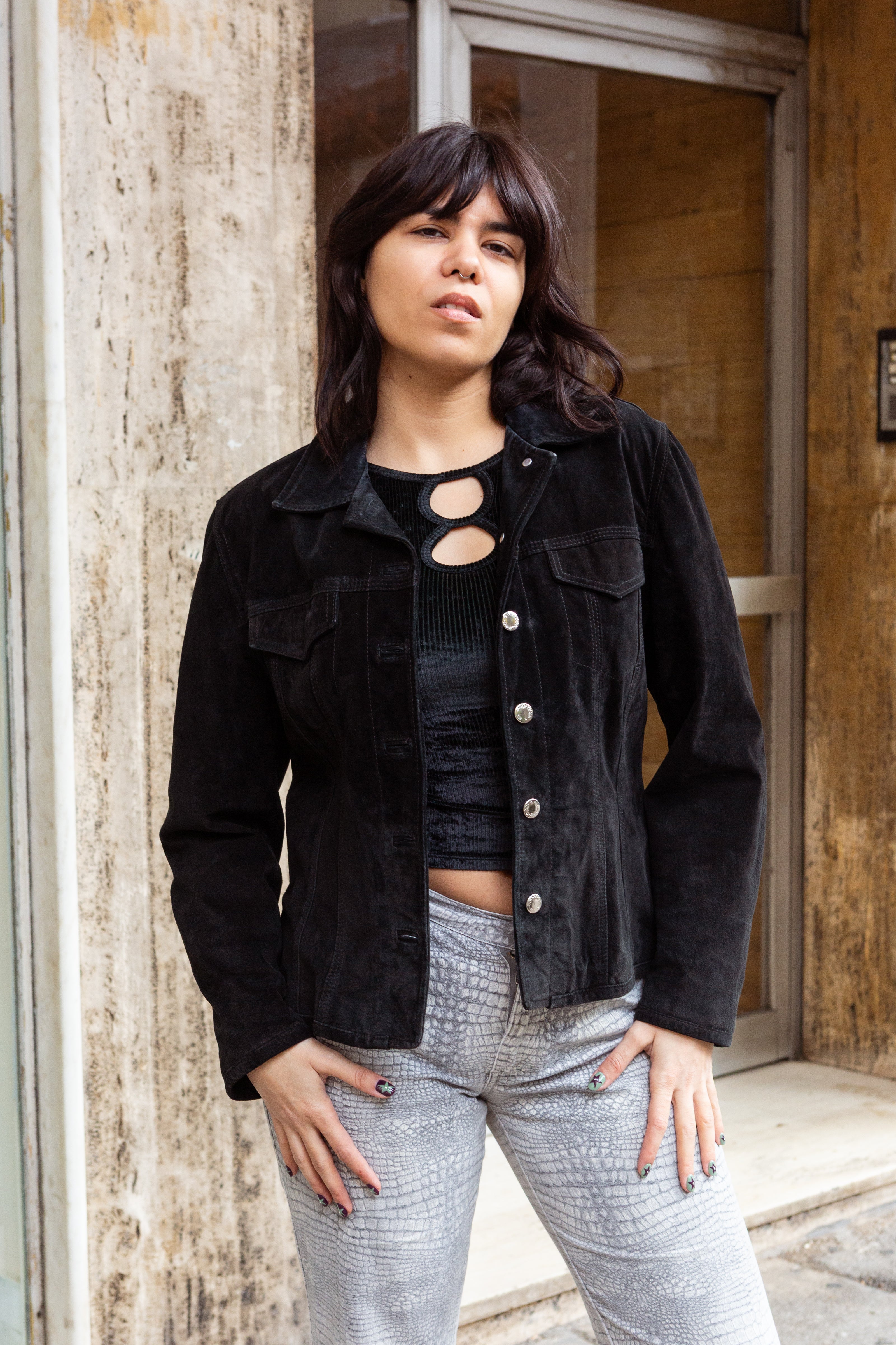 Vintage black button up genuine suede jacket (S/M)