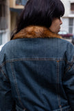 Women’s Dark Wash Denim Coat with Faux Fur Trim (XL)