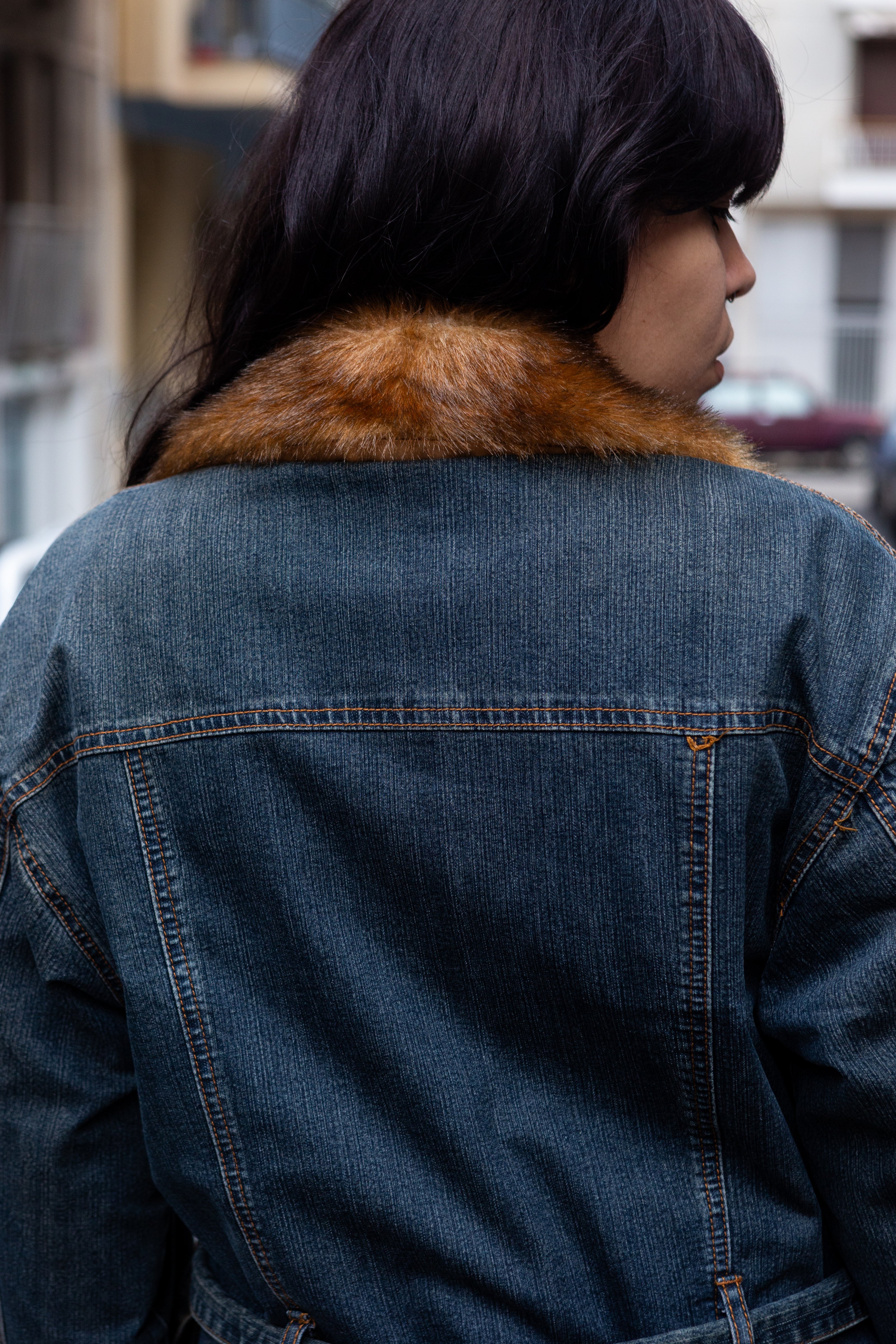 Women’s Dark Wash Denim Coat with Faux Fur Trim (XL)