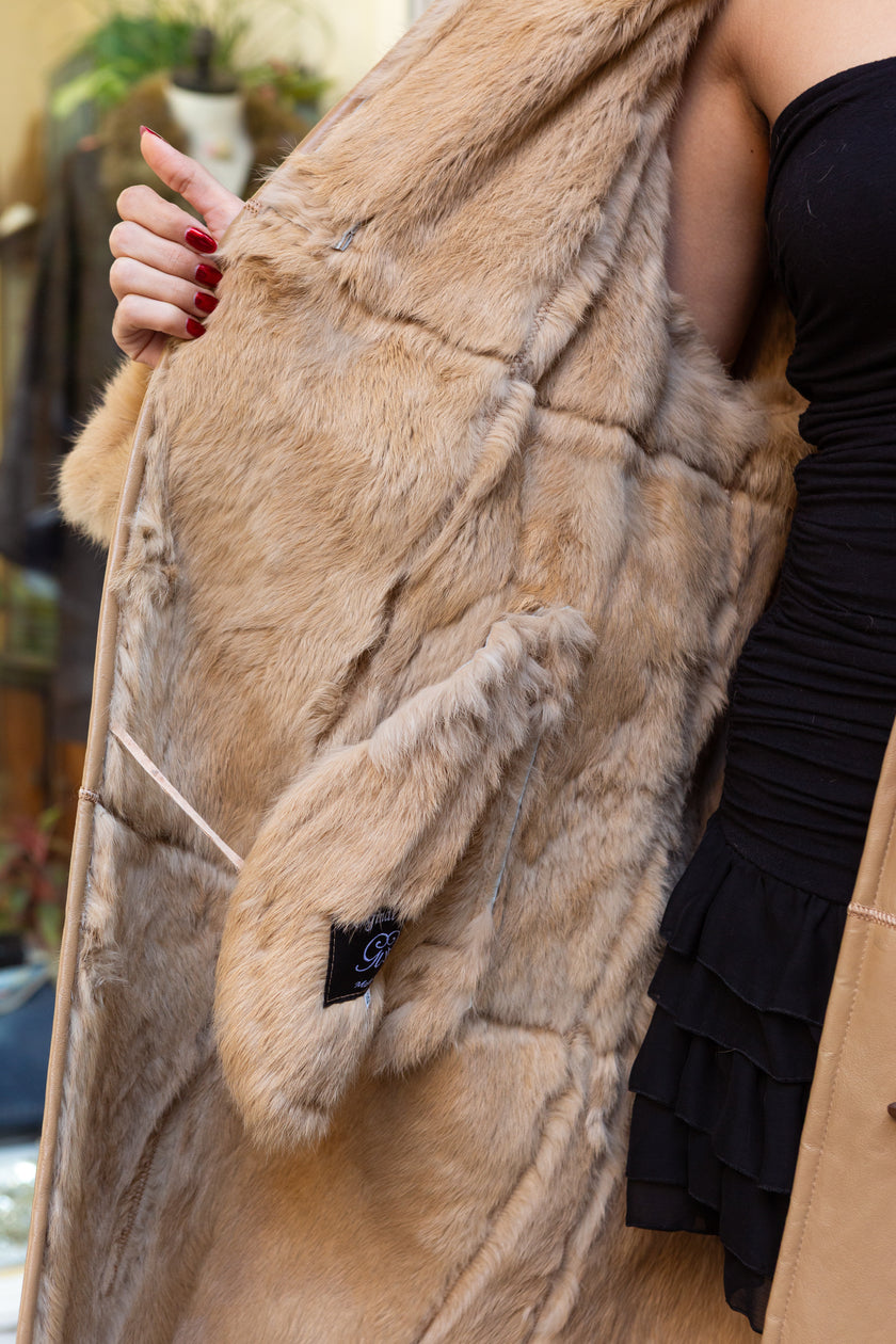 Vintage genuine lapin leather coat with fur lining (XL)