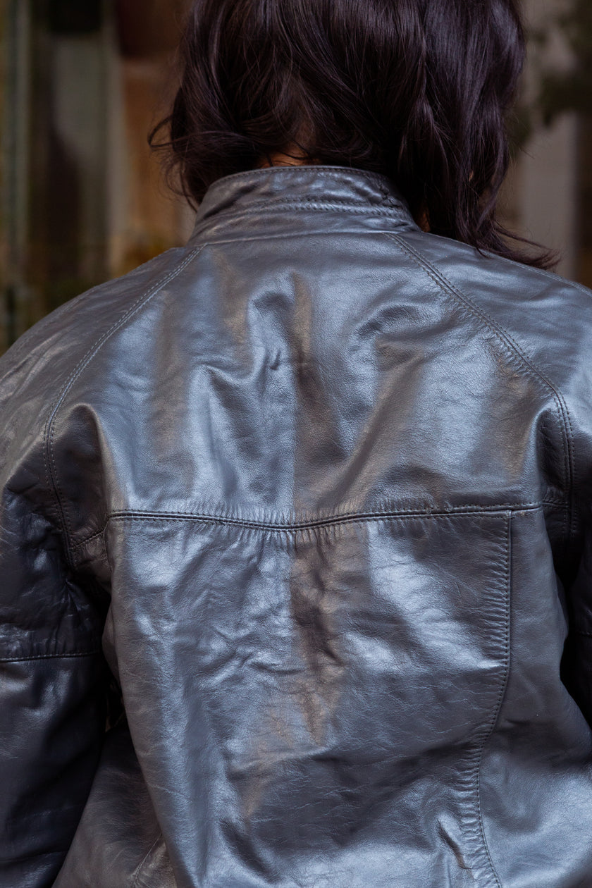 Vintage dark grey leather bomber jacket (M)