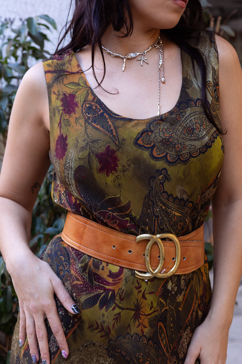 Vintage boho sheer layered paisley maxi dress in earthy tones (XL)