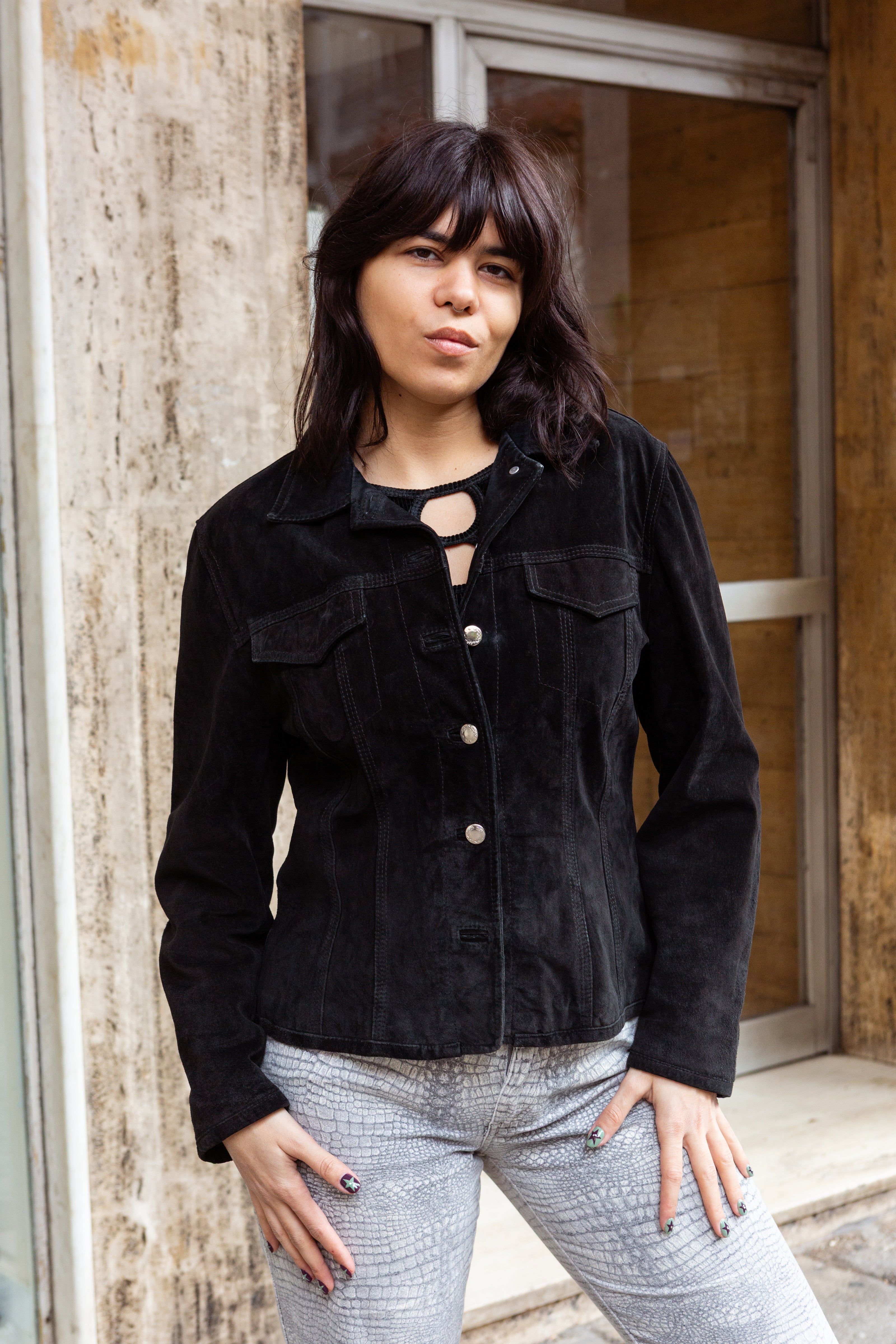 Vintage black button up genuine suede jacket (S/M)