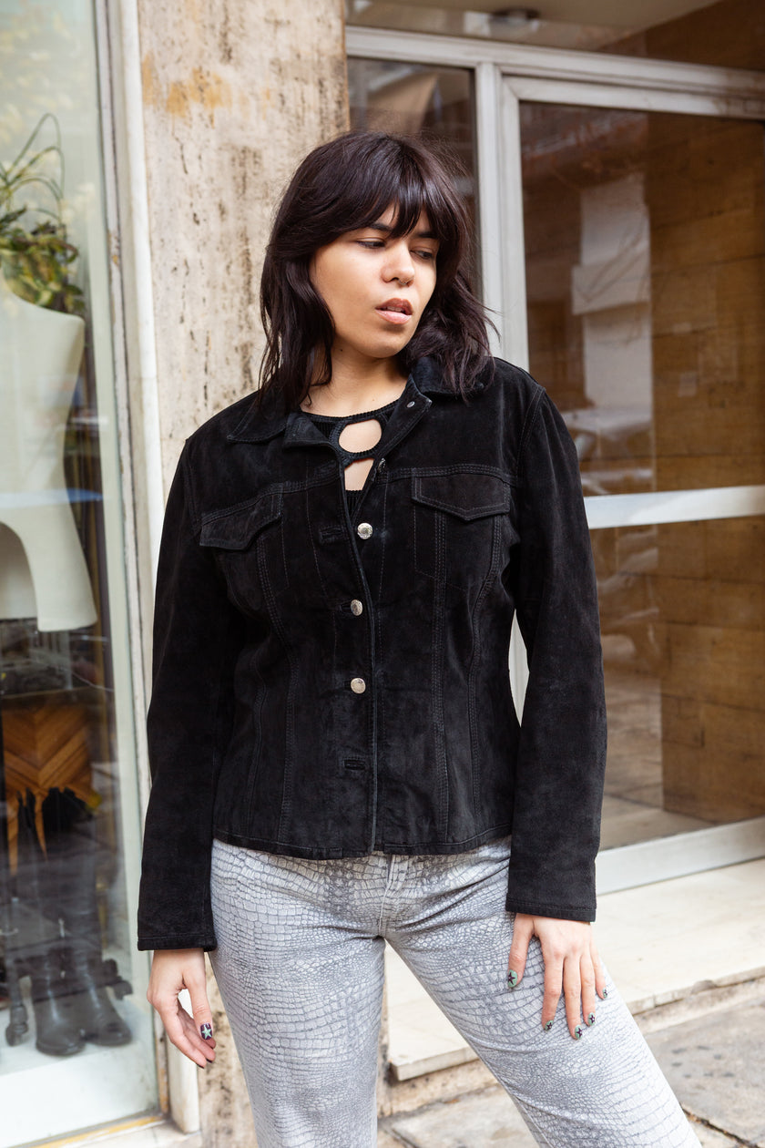 Vintage black button up genuine suede jacket (S/M)
