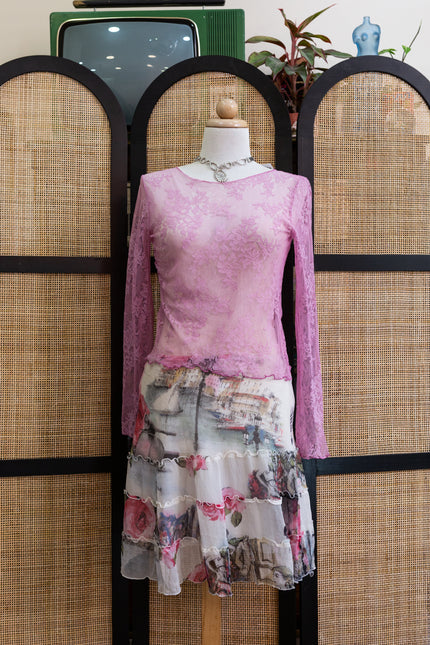 Romantic 100% silk Rose Print Skirt – Tiered Sheer Mini with Vintage Postcard Vibes