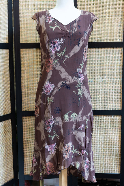 Guattra Vintage Boho Floral Midi Dress with Ruffle Hem