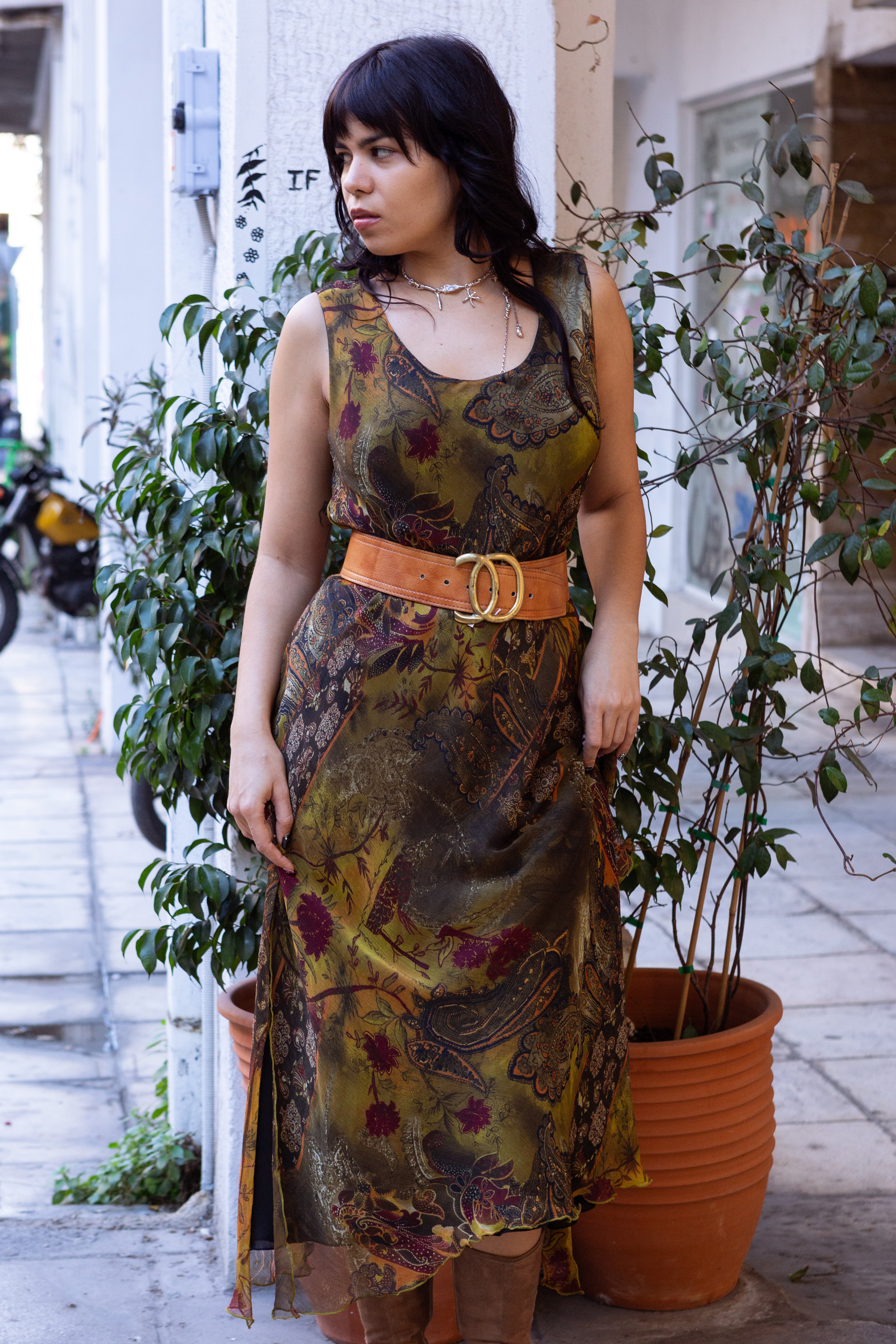 Vintage boho sheer layered paisley maxi dress in earthy tones (XL)