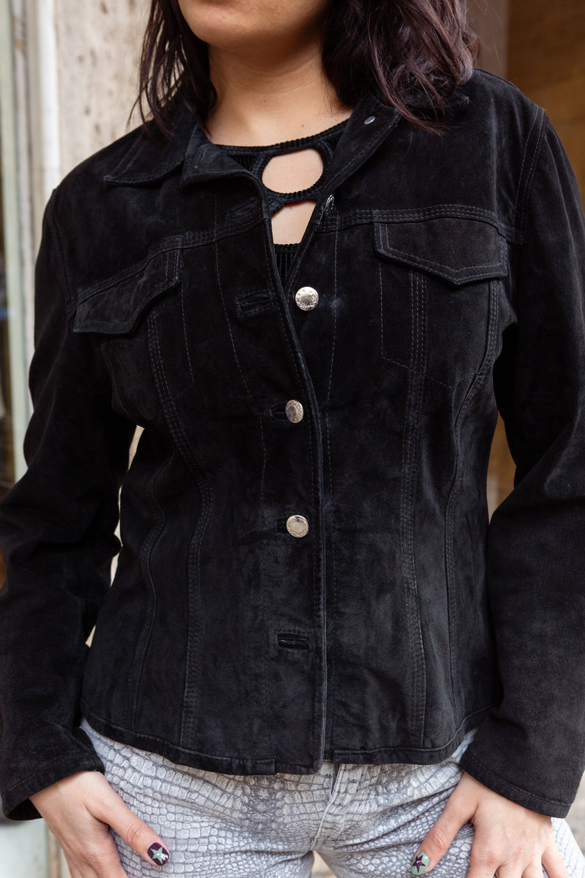 Vintage black button up genuine suede jacket (S/M)