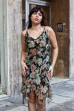 Vintage 100% silk floral asymmetrical dress with ruffle detailing (XS/S)