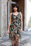 Vintage 100% silk floral asymmetrical dress with ruffle detailing (XS/S)