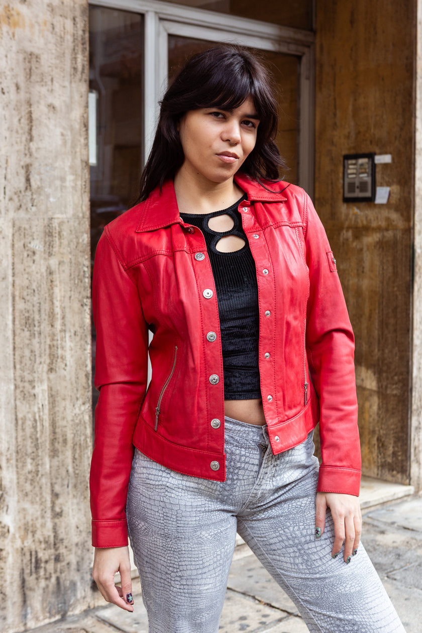 Vintage red fitted button up genuine leather jacket (S)