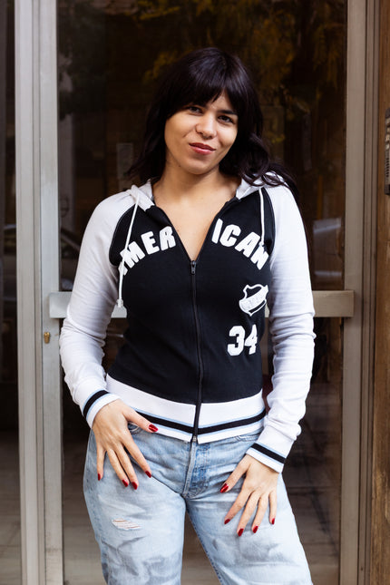 Black & White “American” Varsity-Style Zip-Up Hoodie (S/L)
