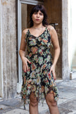 Vintage 100% silk floral asymmetrical dress with ruffle detailing (XS/S)
